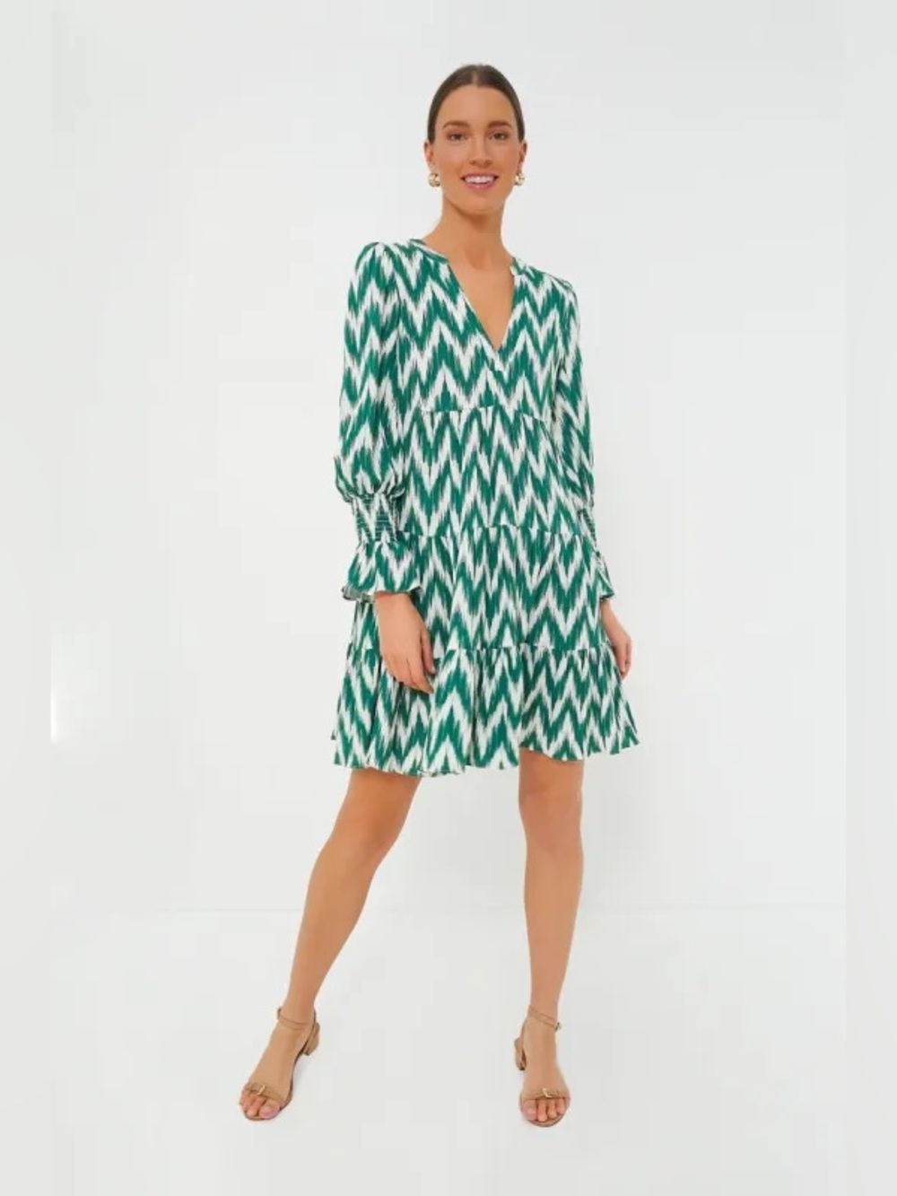 Tuckernuck Pomander Place Green Ikat Kenzo Chevron‎ V-Neck Tiered Dress Small
